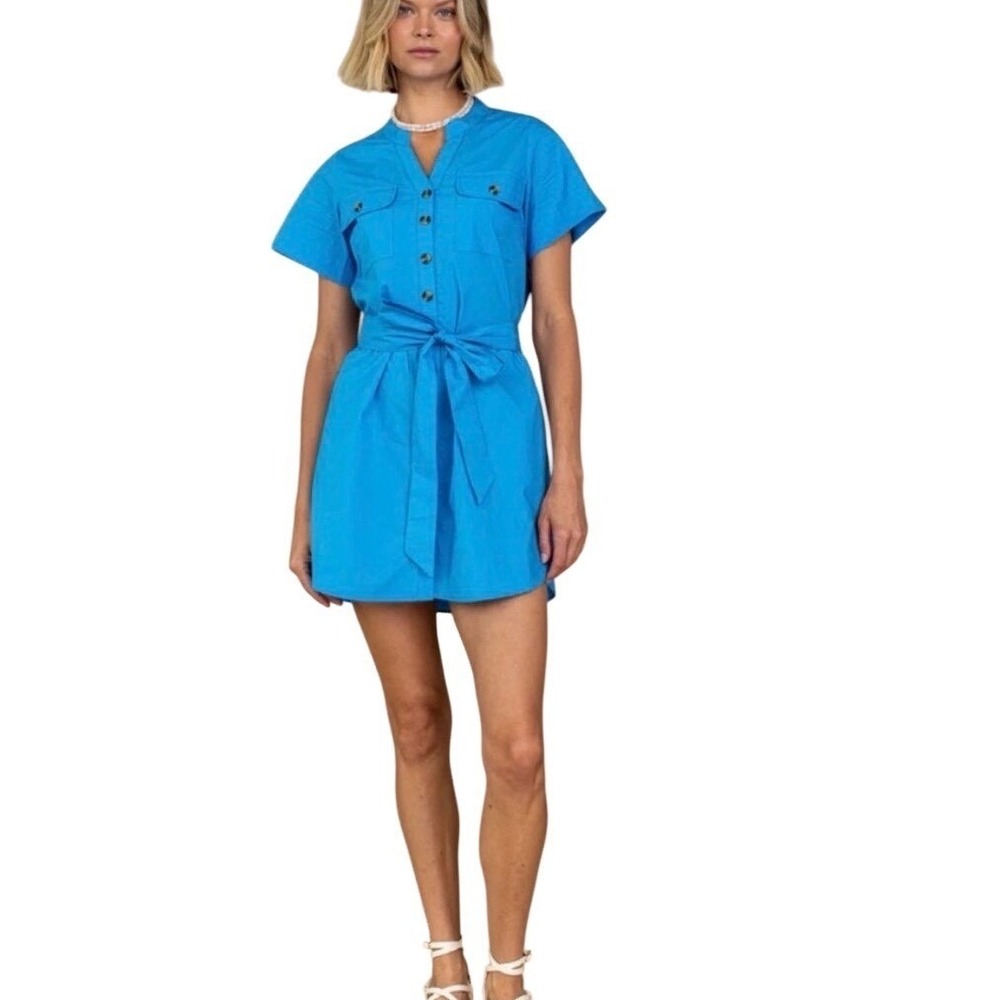Olivia James Blue Cotton Mini Dress Safari Flap Pocket Utility Chic Large NEW